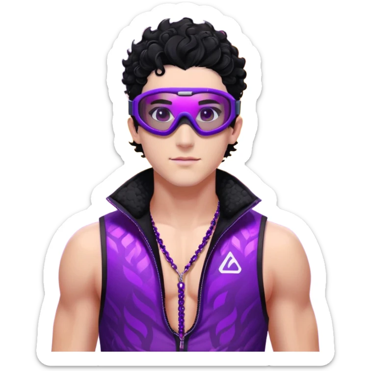 male athlete with white skin and moderately curly black hair on top with shaved sides, wearing ski goggles with purple frames and very dark black lenses, a simple plain black chain necklace, and a completely unzipped sleeveless vest with purple and black sequin fire pattern design, fully revealing his chest, shoulders and arms, no earrings sticker