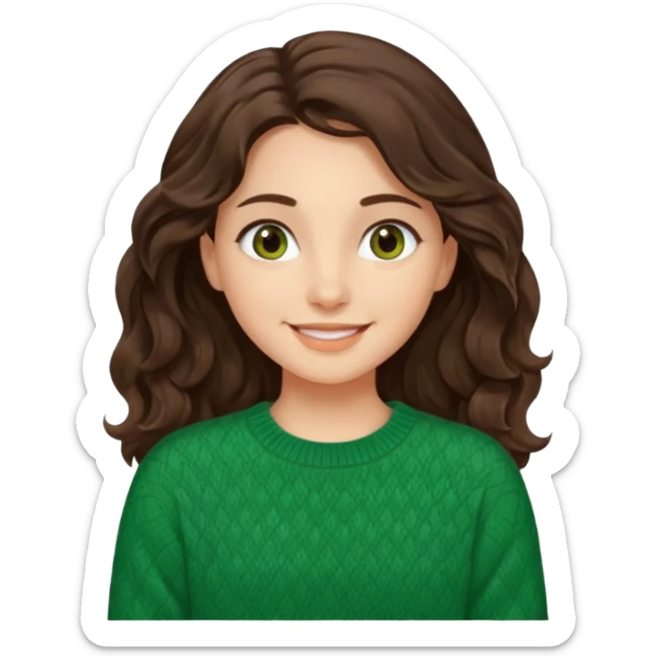 Una chica güera con pelo ondulado, café oscuro, largo, ojos cafés oscuros y con suéter o camisa verde sticker