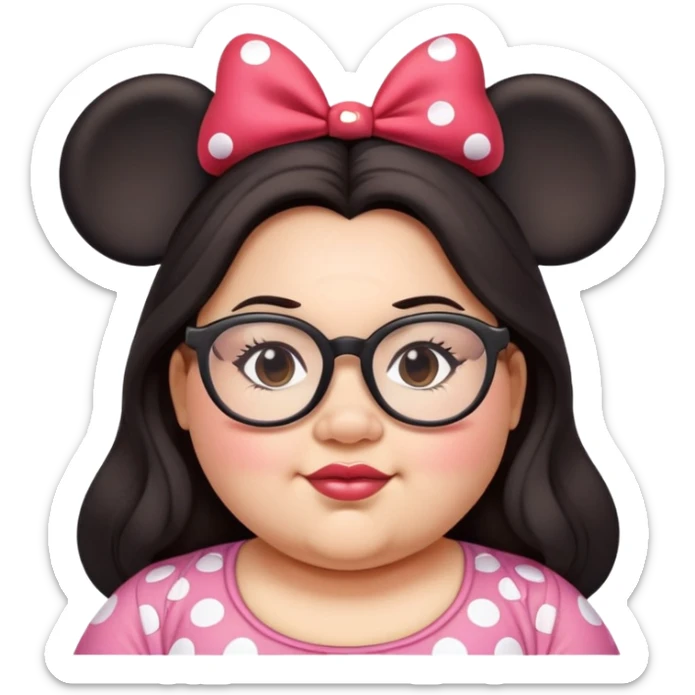 Chubby Woman glasses Long dark hair Minnie mouse ears sticker