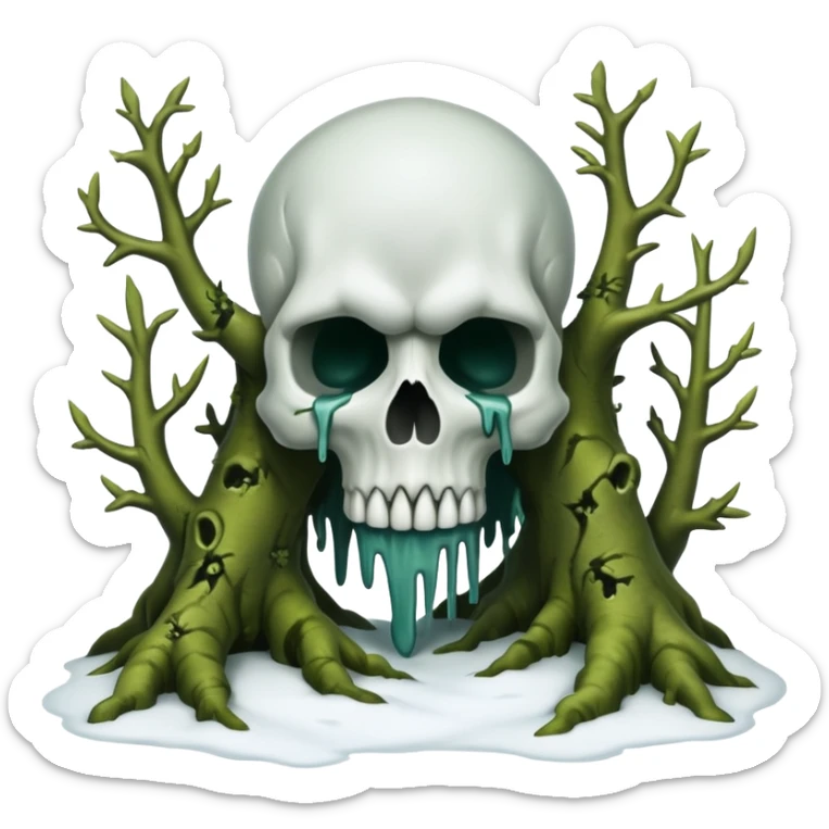 A surreal Alaskan snow covered landscape with mossy trees, in the style of your bleeding skull art. sticker