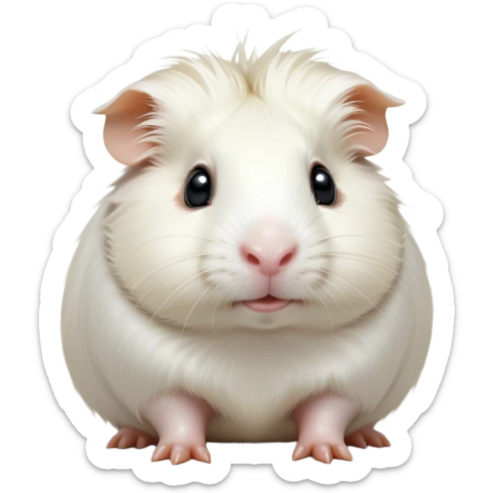 Cinematic Cute White Guinea Pig Portrait Emoji, Head tilted playfully and inquisitively, showcasing a silky, immaculate white coat with a natural glow, round, sparkling dark eyes filled with curiosity, Simplified yet irresistibly adorable features, highly detailed, glowing with a warm, friendly light, high shine, affectionate and lively, stylized with a touch of whimsy, bright and endearing, soft glowing outline, capturing the essence of a mischievous yet loving guinea pig, so playful it feels like it could nuzzle out of the screen and into your arms! sticker