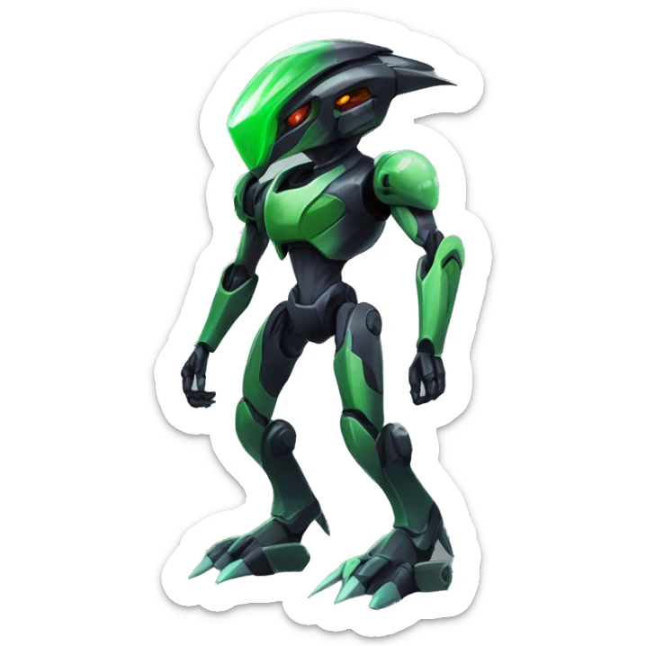 a shiny black-green Genesect-Raptor-Fakémon-Medabot-hybrid with a futuristic visor-helmet full body sticker