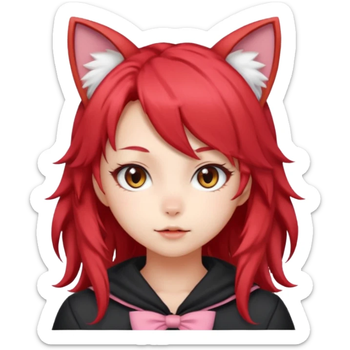 very cute anime cat-girl with cat ears, red blowing hair sticker