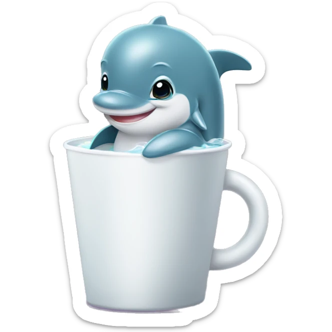  Create a image of baby dolphin with cute hands and legs, standing with a cup of Boba in hands, simple  sticker