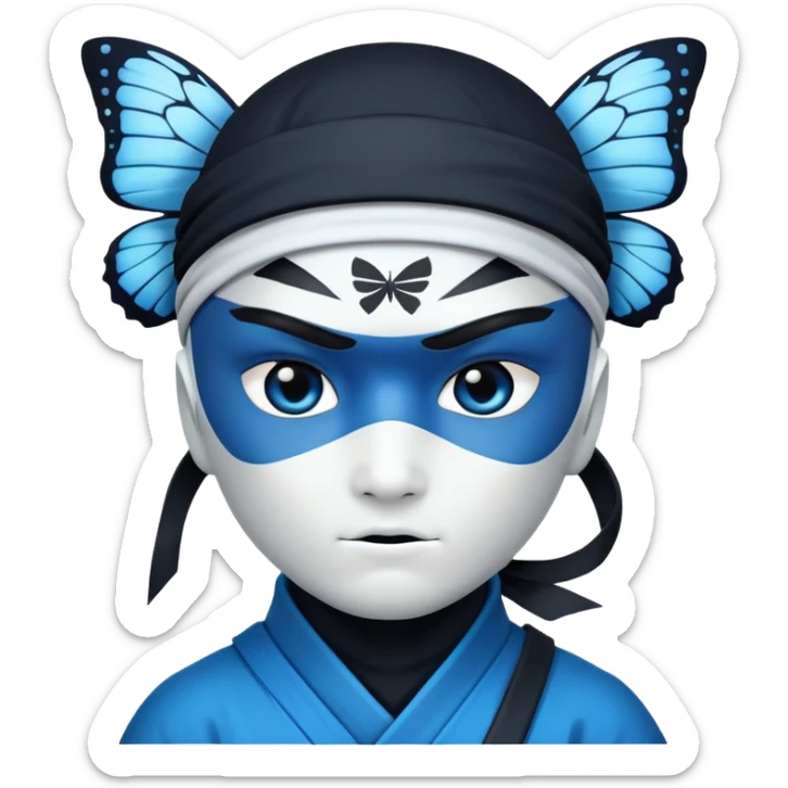 Ninja de ojos negros con la piel blanca con una mariposa azul posada en su hombro izquierdo  sticker