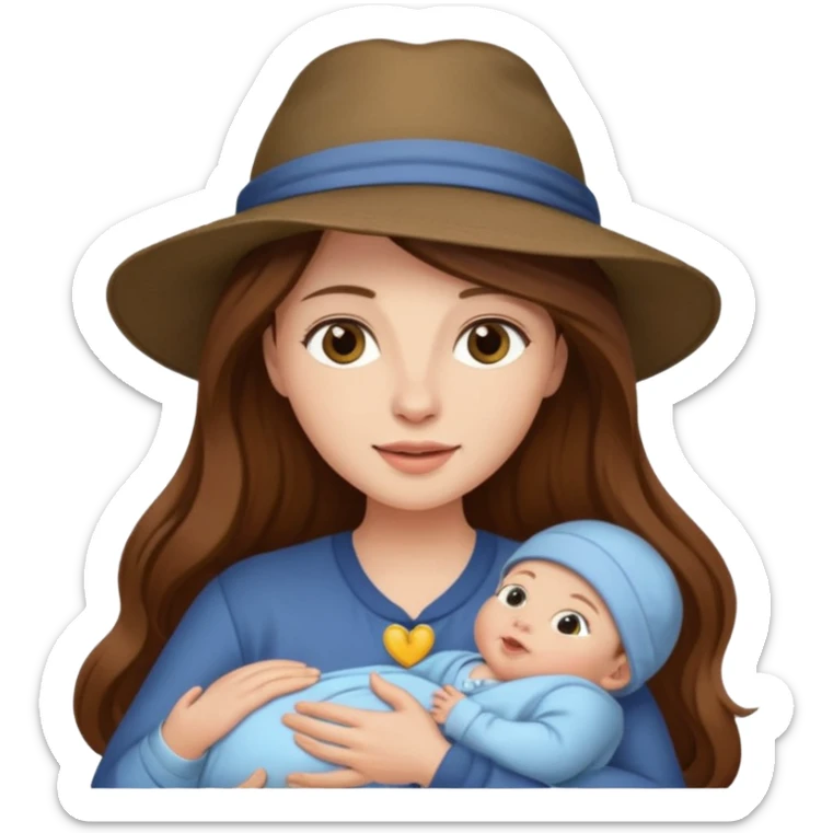 "Woman with long brown hair and fair skin holding a baby who is wearing a hat and has fair skin."
 sticker