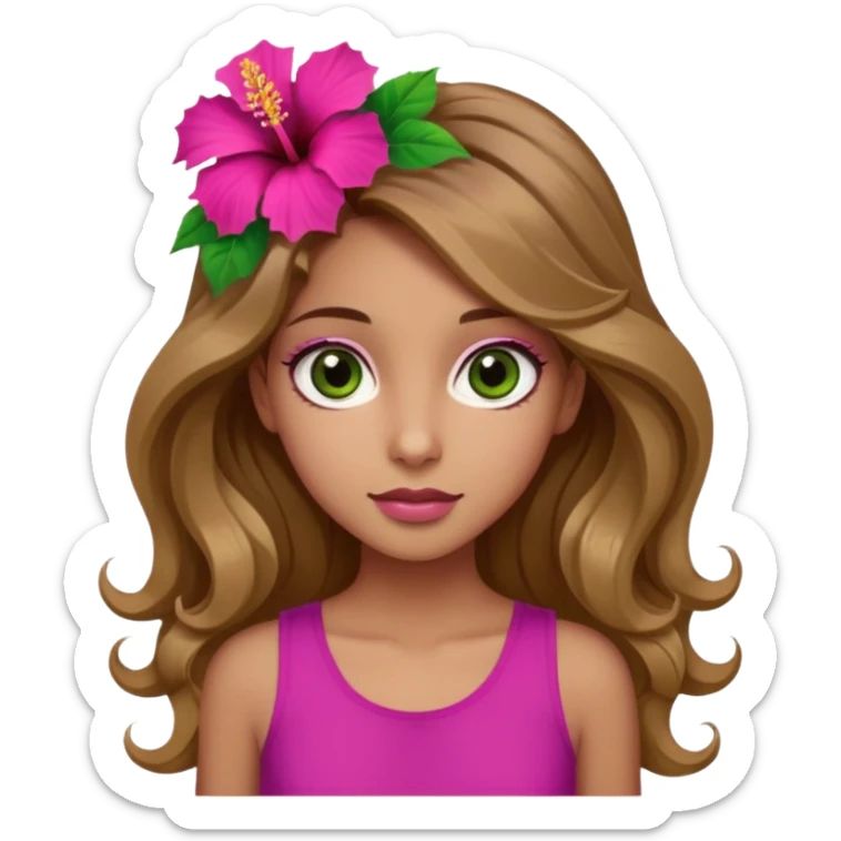 Una ragazza con gli occhi tra il marrone e il verde con gli occhi grandi i capelli lunghi castani quasi biondi lunghi fino alle spalle,poi magra con un top fucsia e uh hibicus sempre fucsia trai capelli  sticker