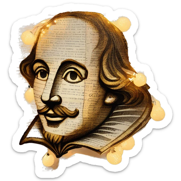 Glowing Shakespeare made of newspaper and bokeh fairy lights lanterns stained glass, fairy lights, bokeh, annotated sketch, handwritten letters, collage of intricate patterns, lantern, bokeh sticker