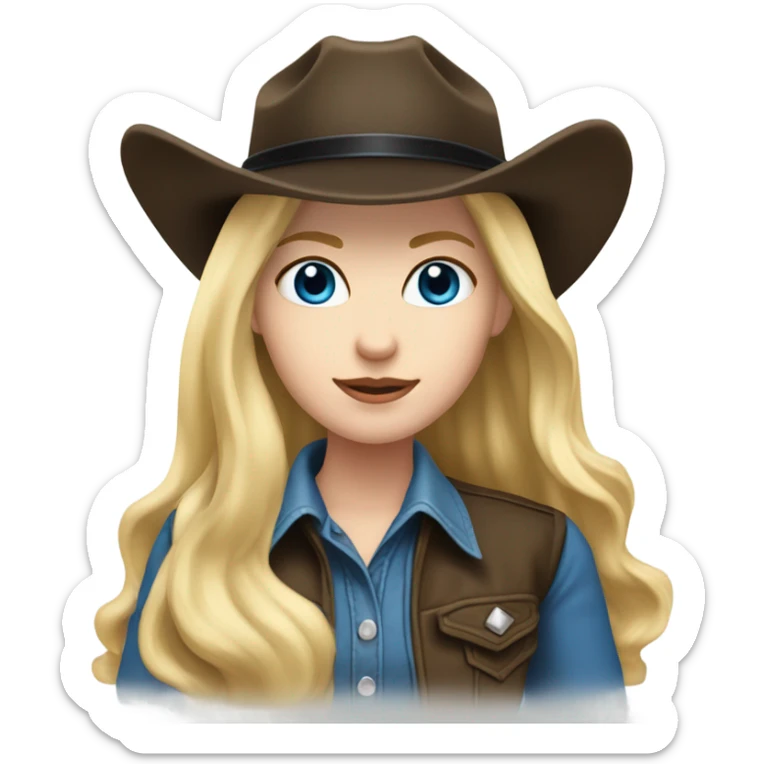 Long Flowing blow wave hair, Blue eyes cowgirl, pale skin, black hair, black cowgirl hat sticker