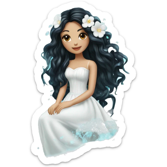 Pretty young Lady doll posing posed pose with long black hair flowers in hair white dress surrounded by flowing water water swirls waves sticker