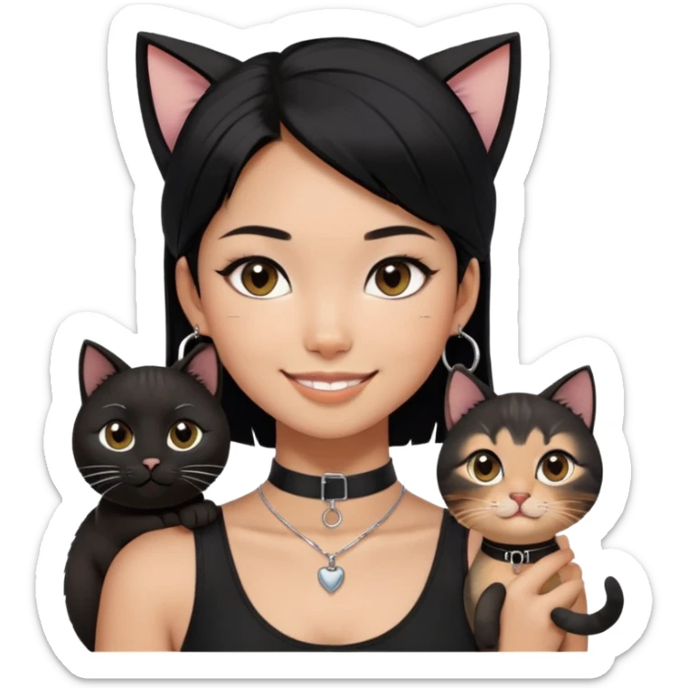 Asian girl, smiling, black hair, slightly longer than shoulder.  Holding two BLACK cats. one cat has a round fat face, the other one has a slightly slimmer face. Both pure black.  The girl also wearing a black singlet, a black chocker, silver round hook earring, and wearing eyeliner.  sticker