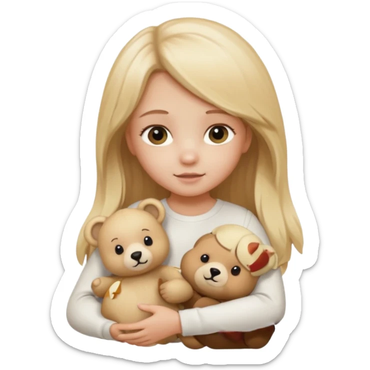 Blonde little girl, long hair, white long sleeve, with beige bear sticker