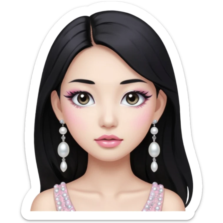 asian long black hair silver grey eyes glossy lips glittery white and light pink eyeshadow girl pearl earrings sticker