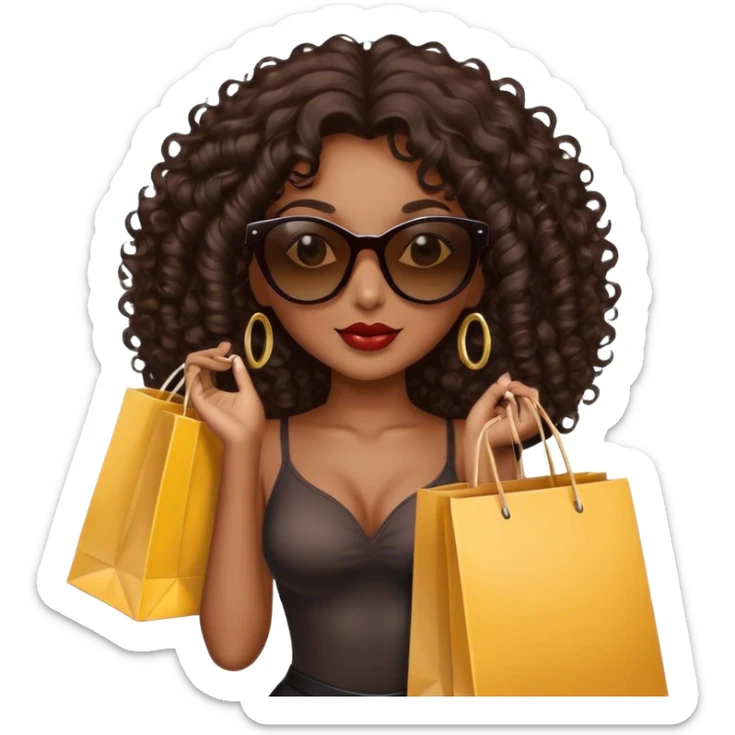 Rich dark brown girl with dark brown mid-length curly hair expensive retail shopping bags and sunglasses sticker