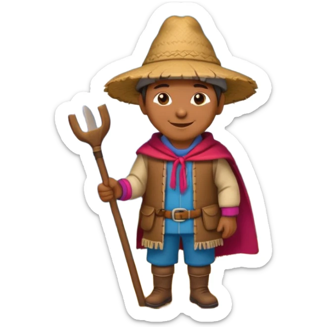 3D emoji style illustration of a Peruvian Andean farmer, wearing traditional chullo hat and poncho, holding a hoe, smiling, mountains in background, bright natural colors, bold outlines, glossy sticker style, transparent background sticker