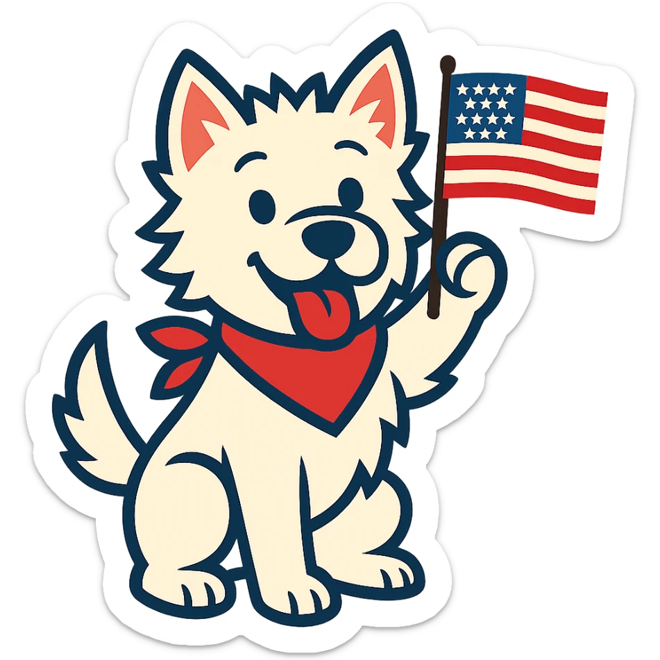 happy Westie dog waving a small US flag, energetic patriotic, vibrant toon style sticker
