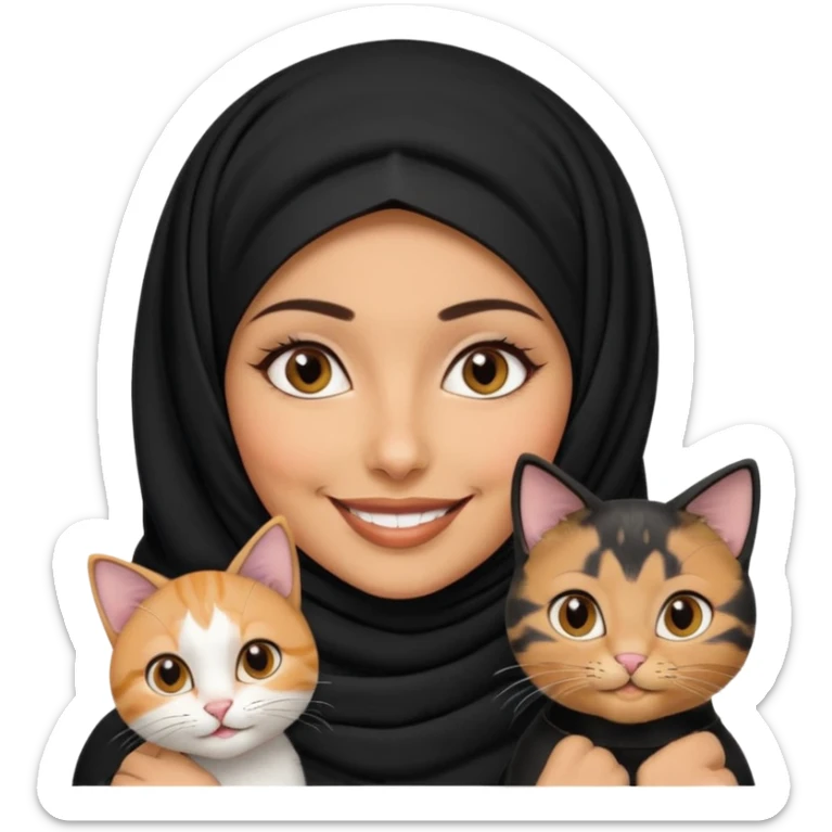 A Arabic woman human with brown eyes and black hijab. , the human is a human no cat ears, two cats, the both cats have the colour black and white in the same colour,  NO CAT EARS ON THE HUMAN  sticker