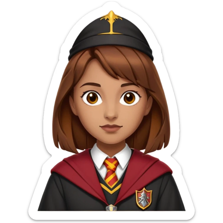 Georgina Leonidas is Katie Bell in harry potter, wear hogwarts gryfindor uniform, brown hair sticker