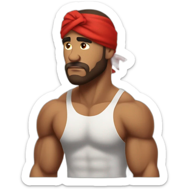 muscular man in red bandana standing sideways turns his head to face the viewer,his hand is bent in the elbow,torso sticker