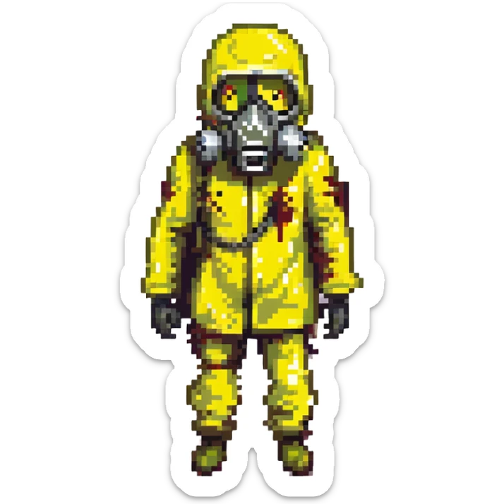 a zombie from the game DAYZ wearing a yellow hazmat suit with a black gasmask sticker