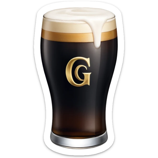 Guiness glass. White capital letter 'G' printed in the center. Inside the bottle, the dark liquid is filled precisely to the horizontal midline of the 'G', perfectly 'splitting' the letter. sticker