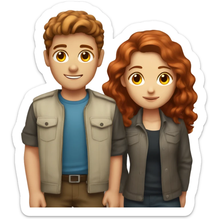 Brown-haired boy portrait close-up lighter skin and red haired girl  sticker