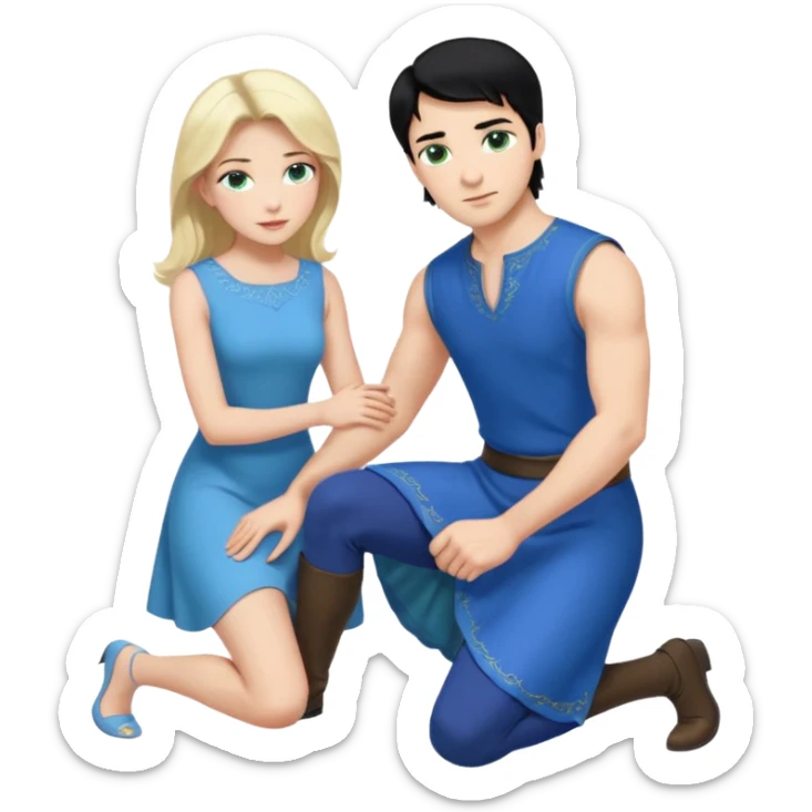 prince, upright, black Hair, blue eyes, blue garment,  Woman, blonde Hair, Green eyes, bending knee, sleveless White Dress, sticker