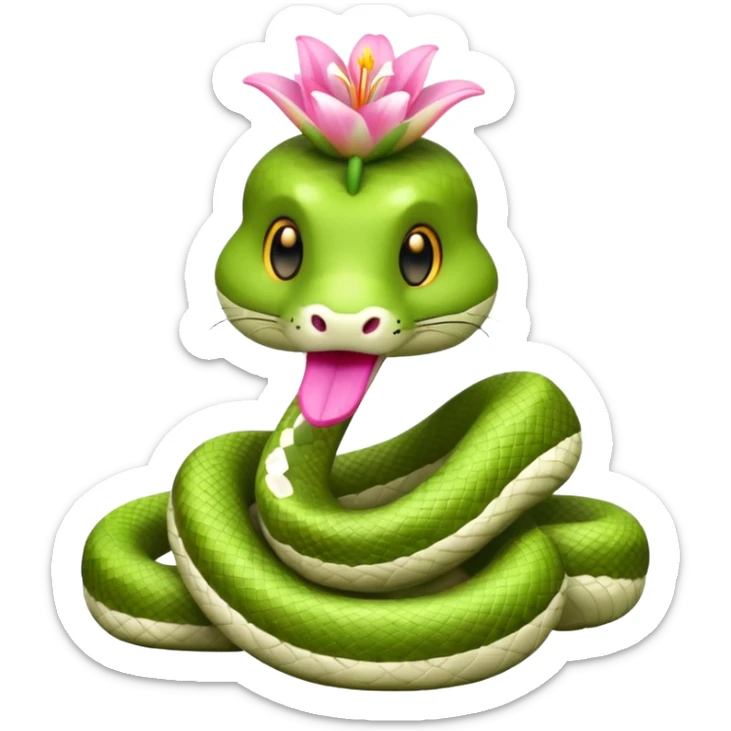 A cute, kind, furry snake doll
with a light green and white body
with a pink lily flower on its head
(no stinger in its mouth) sticker