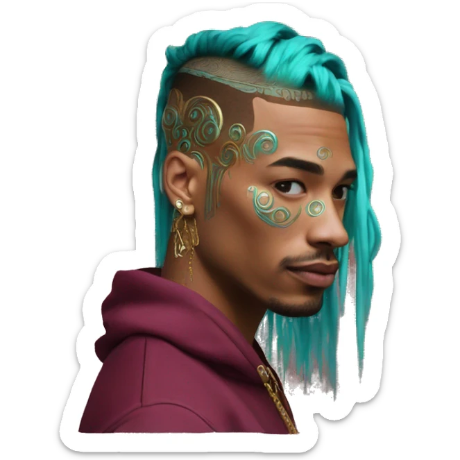 Vintage patina intricate swirls gold jewellery baroque golden sparkle tropical Deep pink maroon burgundy cyan dark hoodie man vitiligo dyed hair gold piercings nose piercing ear piercings sticker