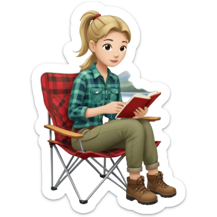 A pony tail hair woman journaling on a camping chair, enjoying the quiet nature scene. sticker