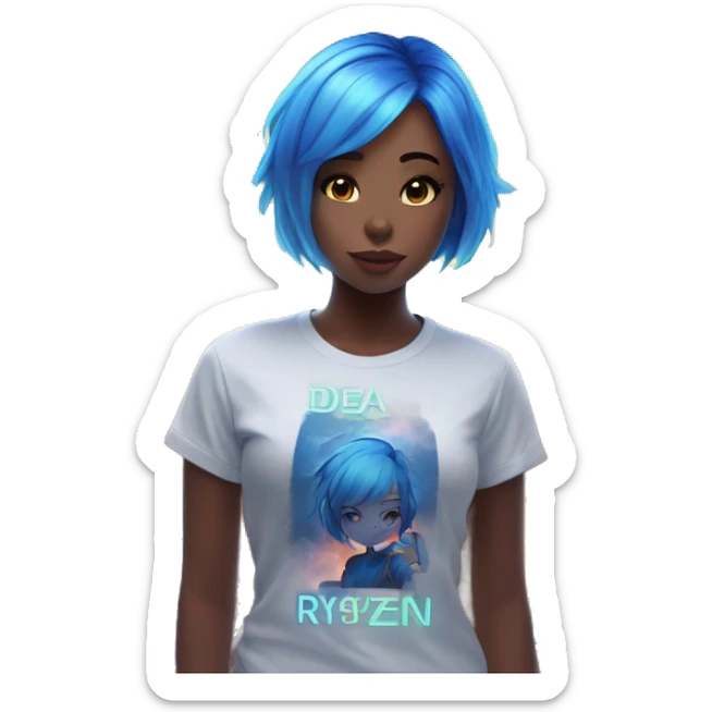 Beautiful anime girl with short blue hair near the city that glows very strongly and the inscription on the T-shirt dea "Ryzen" sticker