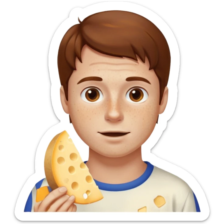Man with brown hair and white skin with freckles, eating cheese sticker
