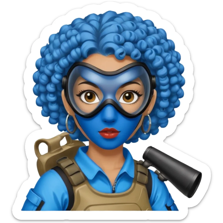 blue curly haired paintball playergirl with huge earrings, wearing paintball mask sticker