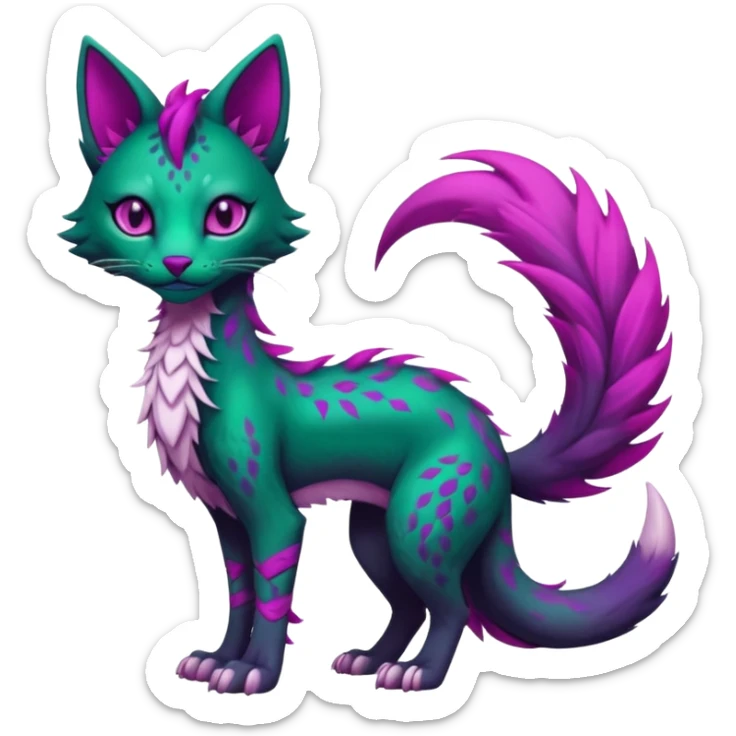 Kawaii dark edgy gloomy dark green ethereal feline-vernid-sergal-fursona animal creature with a tufted tail full body with intricate markings with magenta eyes sticker