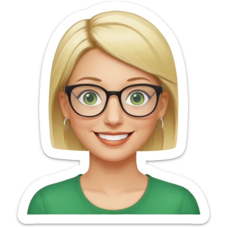 femme 40 ans lunettes carrécheveux très courts blonde anneaux oreilles yeux verts sticker