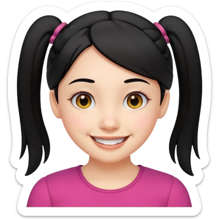 cheerful girl with black hair in two small side pigtails, round eyes, big smile, head and upper shoulders, clean lines, minimal white background, vibrant and simple emoji style sticker