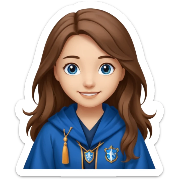 gorgeous Girl with light skin, blue eyes, long brown hair, wears a ravenclaw robes  sticker
