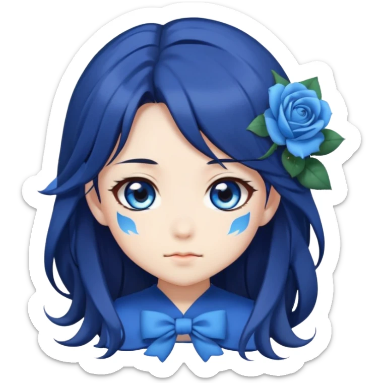 cute anime girl emoji, long dark hair, blue rose hair accessory, big blue anime eyes, chibi anime style sticker