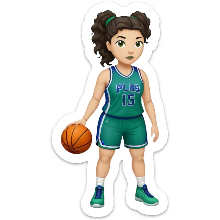 full body plus size light skin latino women basketball player with wavy dark hair in pony tail wide nose wearing blue green  uniform sticker
