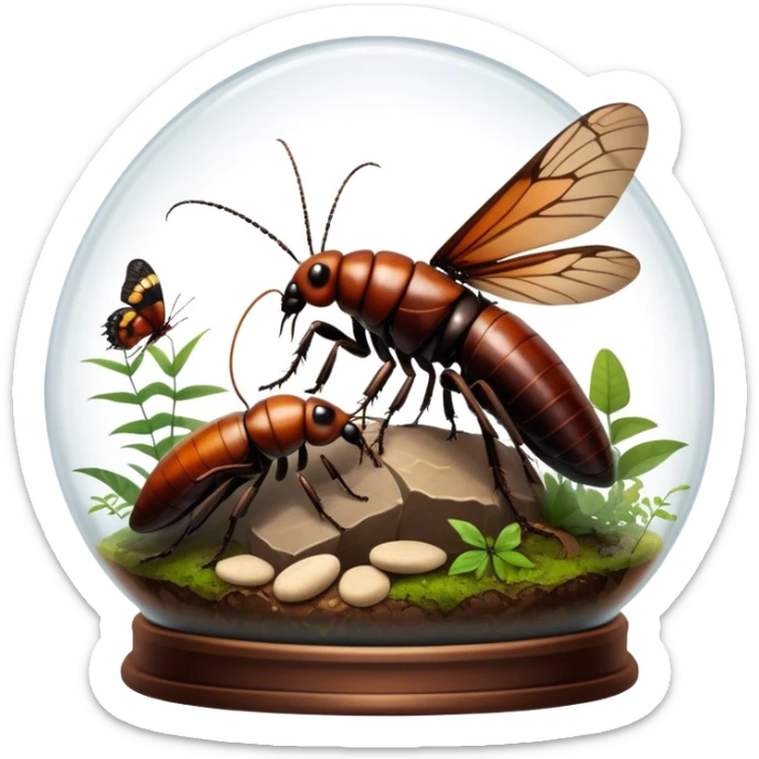 Close-up of giant Madagascar hissing cockroaches, butterflies, and stick insects inside a terrarium, with detailed textures of their bodies, wings, and legs. Soft lighting highlights their features. Transparent background. sticker