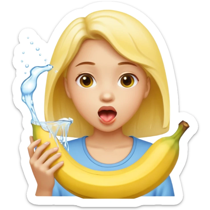 a girl rinsing mouth with pale yellow water coming out from a banana sticker