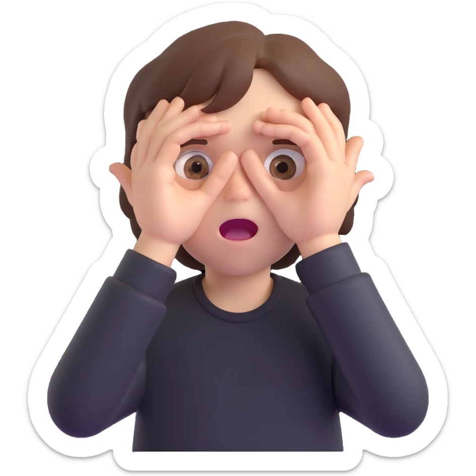 front emoji of a white boy with brown hair, wide open eyes, wide open mouth, hands covering his eyes, wearing a black shirt sticker