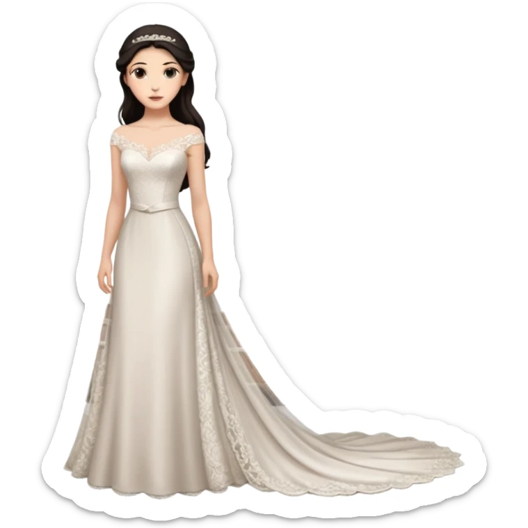 Chica blanca ,ojos marrones, vesti novia sexy largo, escote barco cuerpo entero ,pelo muy largo moreno y recogido sticker