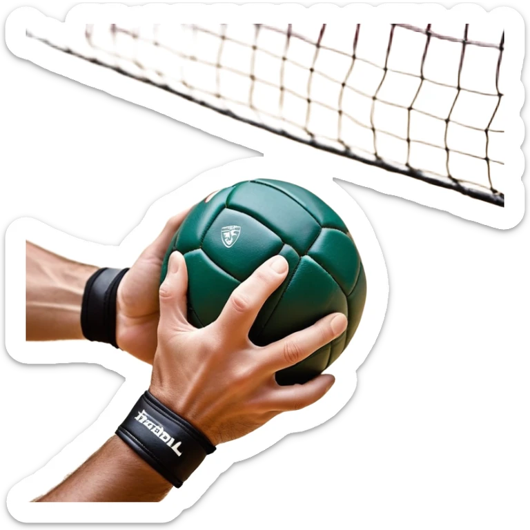 A close-up of a hand gripping a handball, with the handball gates visible in the background. The focus is on the texture of the ball and the strength of the grip, with the goal net slightly blurred to emphasize the anticipation of the throw. sticker