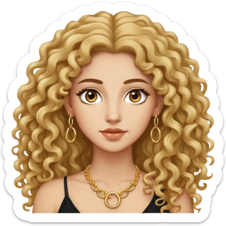 attractive Greek woman with long curly hair and light skin wearing gold hoop earrings and a small gold necklace sticker