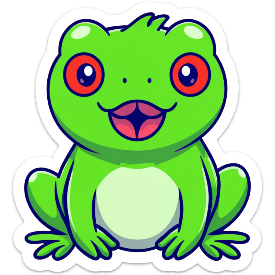 Exaggerated cartoony green frog with big bulging cross-eyes and long tongue sticking out, comic-style with silly expression sticker