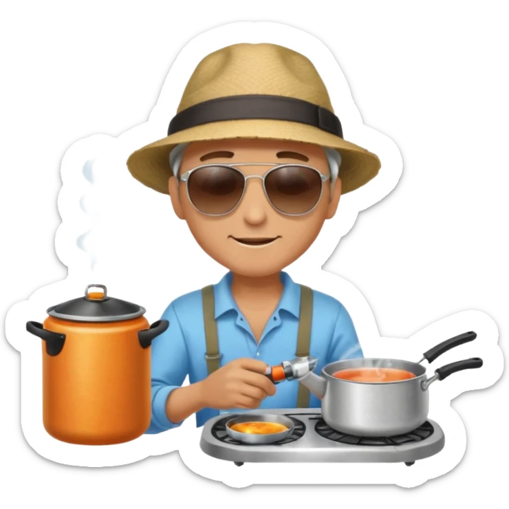 A man camper boiling water on a portable stove, enjoying the outdoor breeze.
 sticker