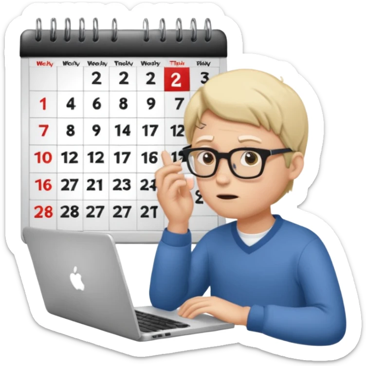 weekly calendar next to person confused symbol should be shown in his head adjusting it with laptop sticker