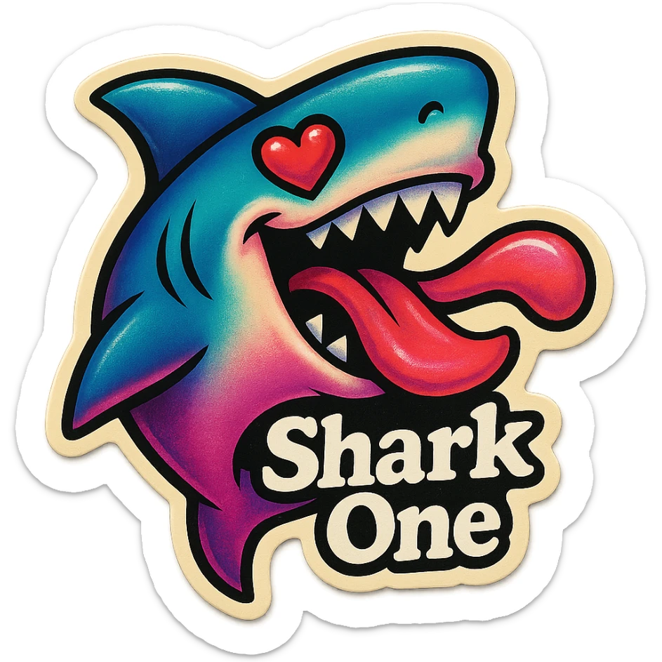 mouth open with tongue out
heart shaped eye
add the words “ Shark One " in White sticker