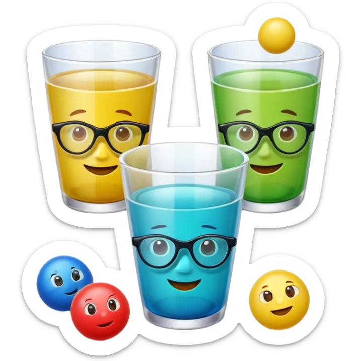Cute 3D cartoon emoji sticker of a plastic glass-and-ball game with three glossy plastic glasses (blue, green, red) and a yellow ball. Soft lighting, smooth shadows, playful look, white sticker outline, transparent background, high resolution.” sticker